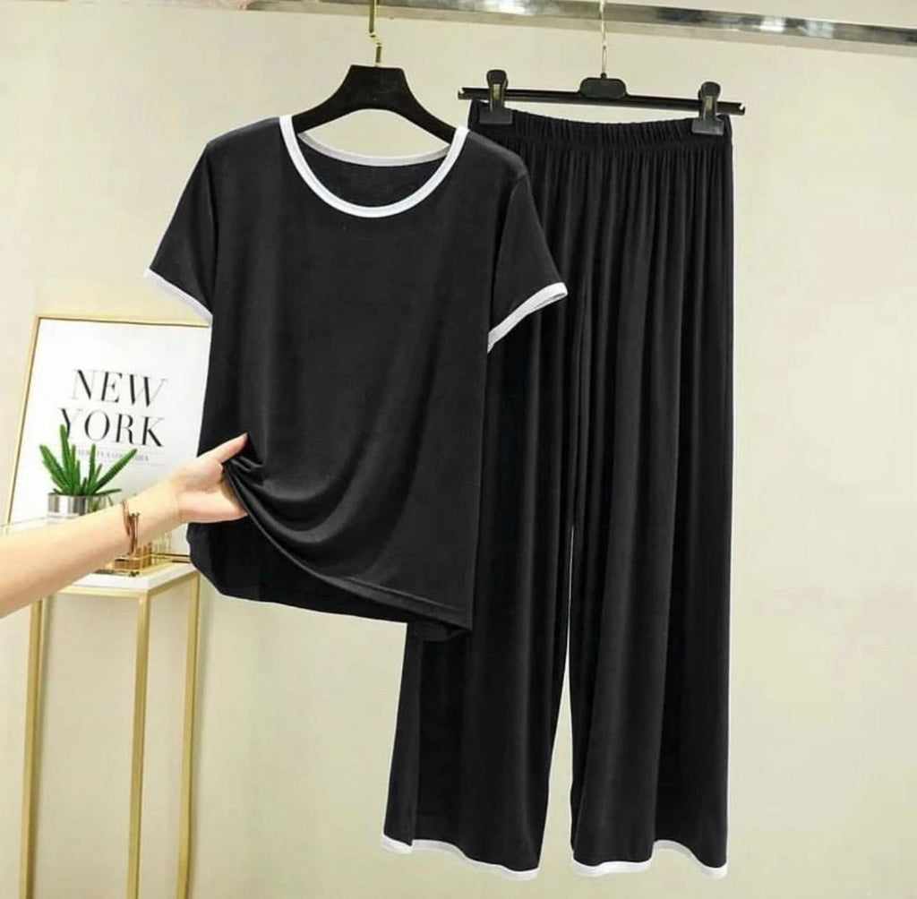 Plain Black Tshirt With White Round Neck And PLazo Pajama (Half Seeleve)