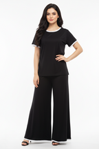 Plain Black Tshirt With White Round Neck And PLazo Pajama (Half Seeleve)