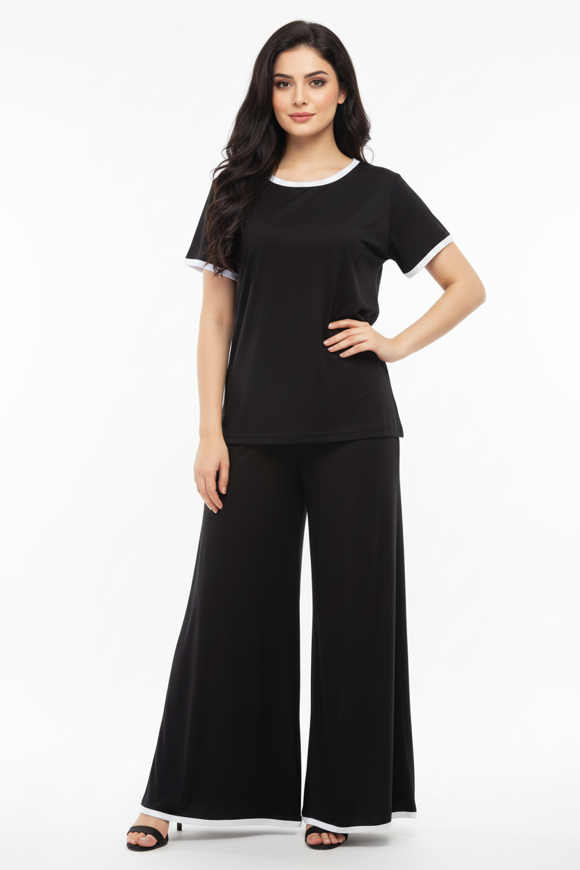 Plain Black Tshirt With White Round Neck And PLazo Pajama (Half Seeleve)