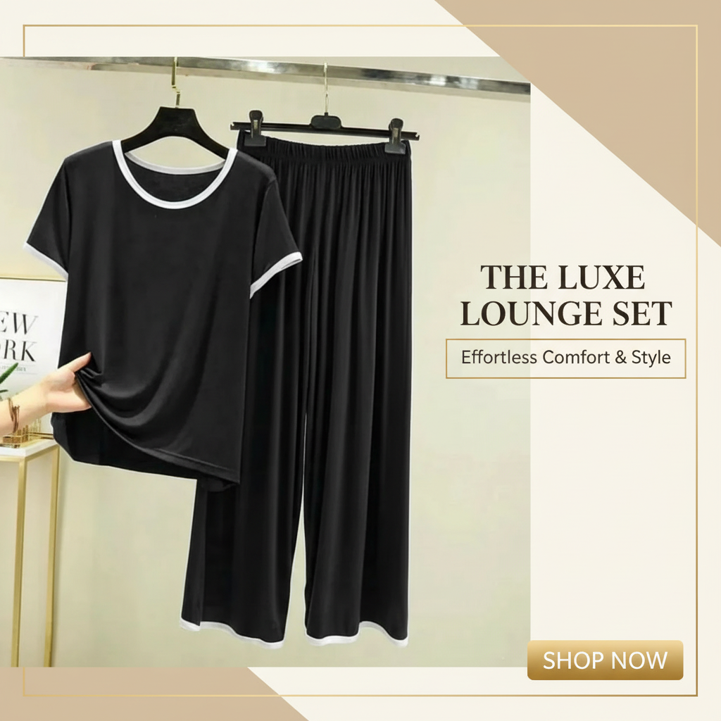 Plain Black T-Shirt with White Round Neck and Plazzo Pajama (Half Sleeve)