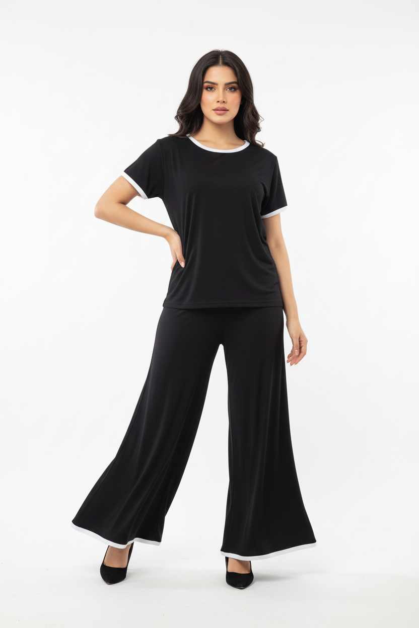 Plain Black Tshirt With White Round Neck And PLazo Pajama (Half Seeleve)