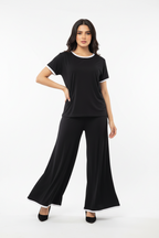 Plain Black Tshirt With White Round Neck And PLazo Pajama (Half Seeleve)