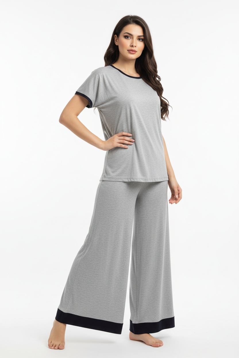 Plain Grey Tshirt With Black Round Neck And PLazo Pajama (Half Seeleve)