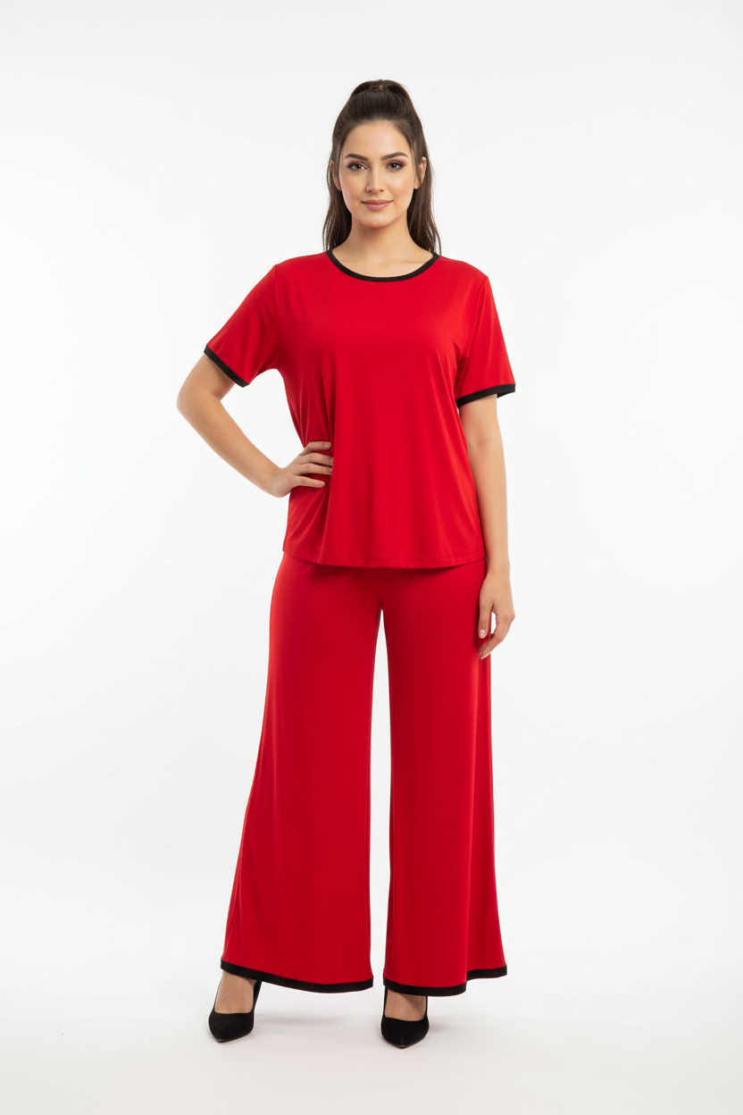 Plain Red Tshirt With Black Round Neck And PLazo Pajama (Half Seeleve)