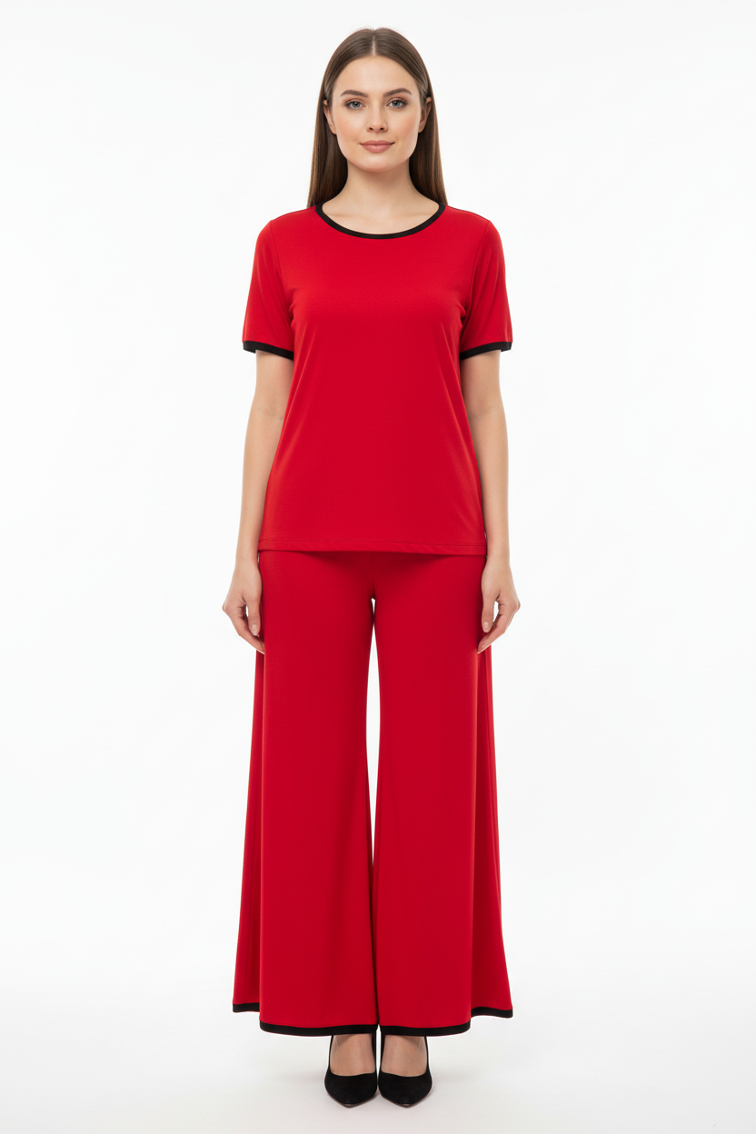 Plain Red Tshirt With Black Round Neck And PLazo Pajama (Half Seeleve)