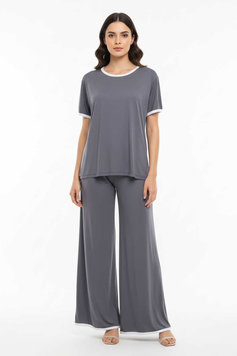 Plain Grey Tshirt With White Round Neck And PLazo Pajama (Half Seeleve)