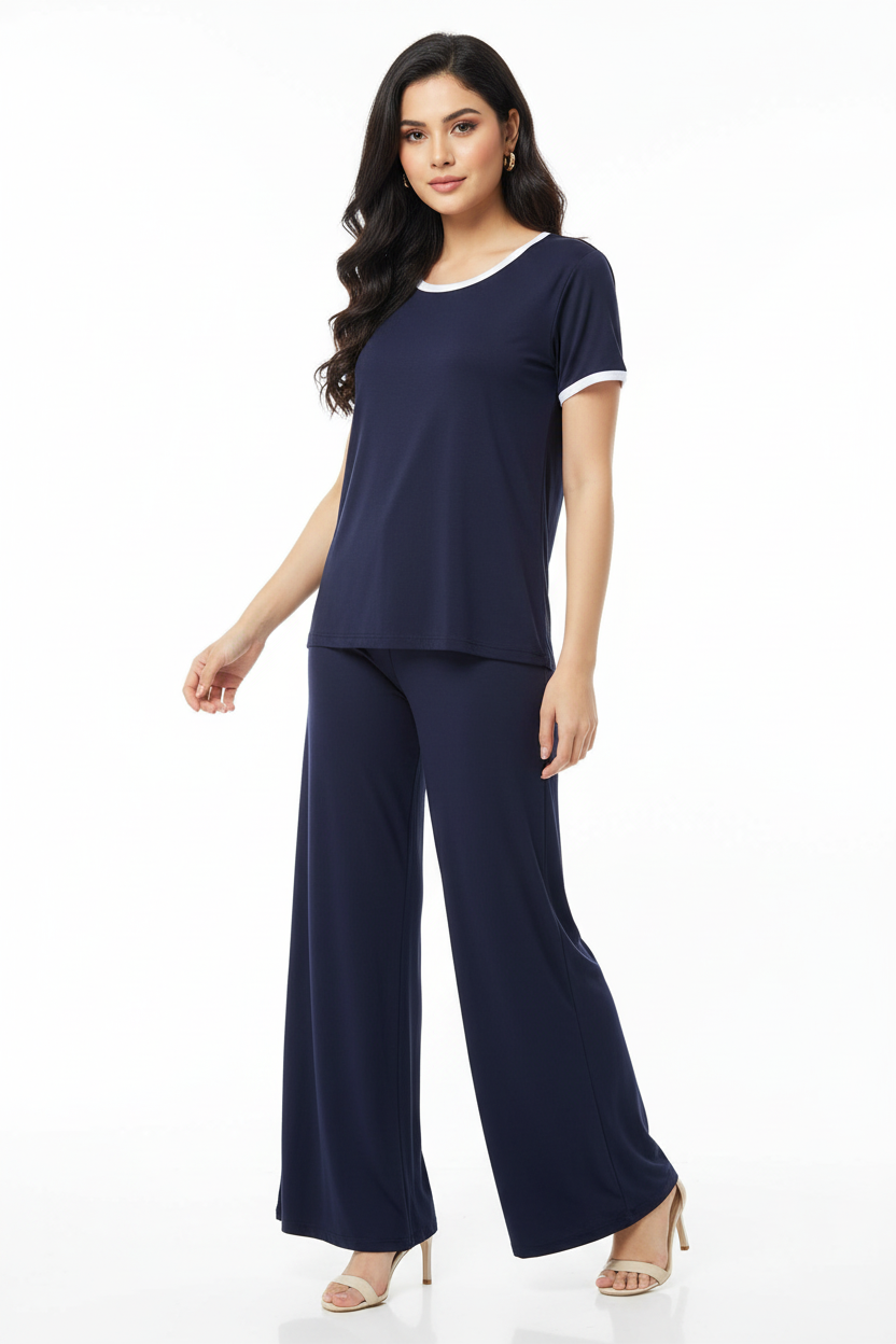 Plain Blue Tshirt With White Round Neck And PLazo Pajama (Half Seeleve)