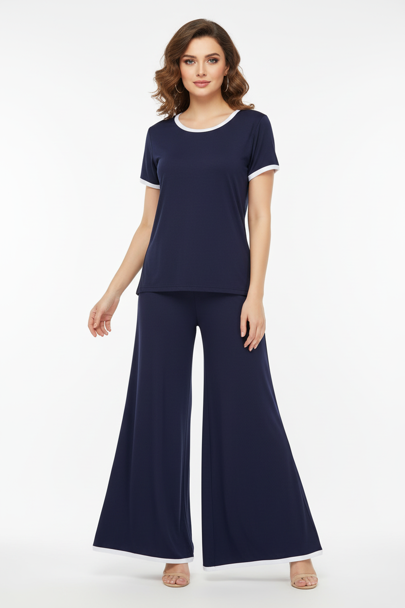 Plain Blue Tshirt With White Round Neck And PLazo Pajama (Half Seeleve)