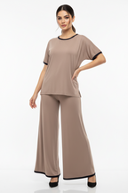 Plain Coffee Colour Tshirt With Black Round Neck And PLazo Pajama (Half Seeleve)
