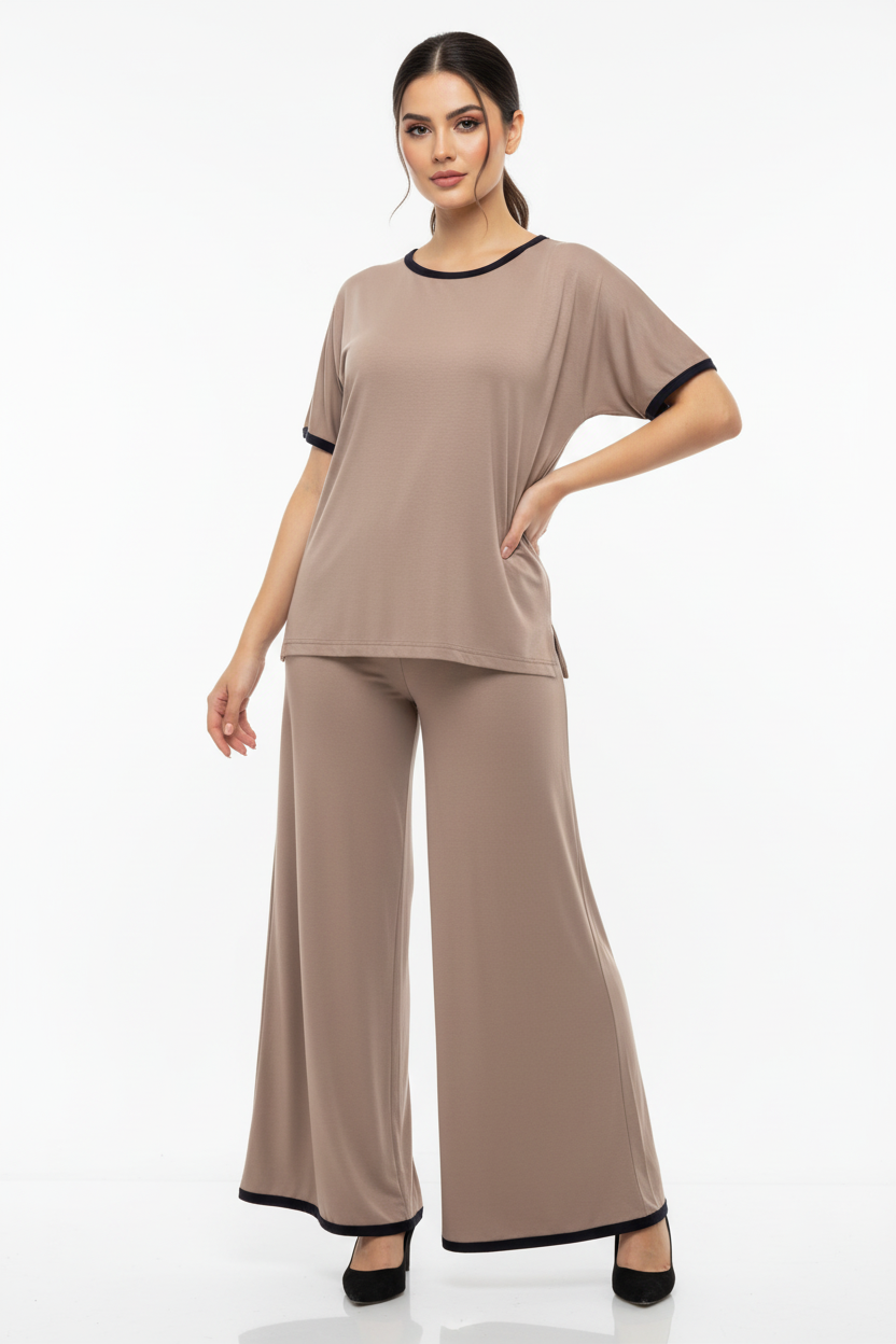 Plain Coffee Colour Tshirt With Black Round Neck And PLazo Pajama (Half Seeleve)