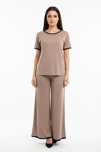Plain Coffee Colour Tshirt With Black Round Neck And PLazo Pajama (Half Seeleve)