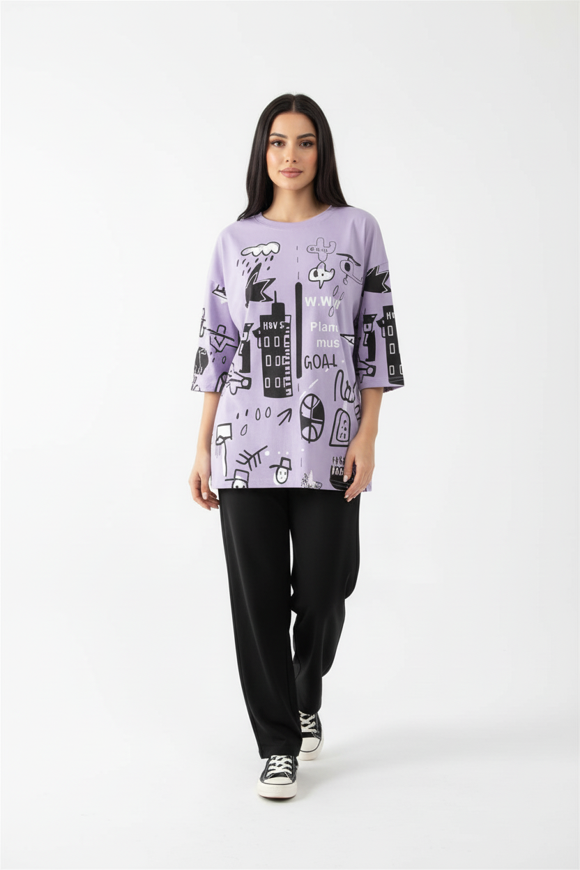 Purple Multi Planets Printed Shirt With Black Pajama