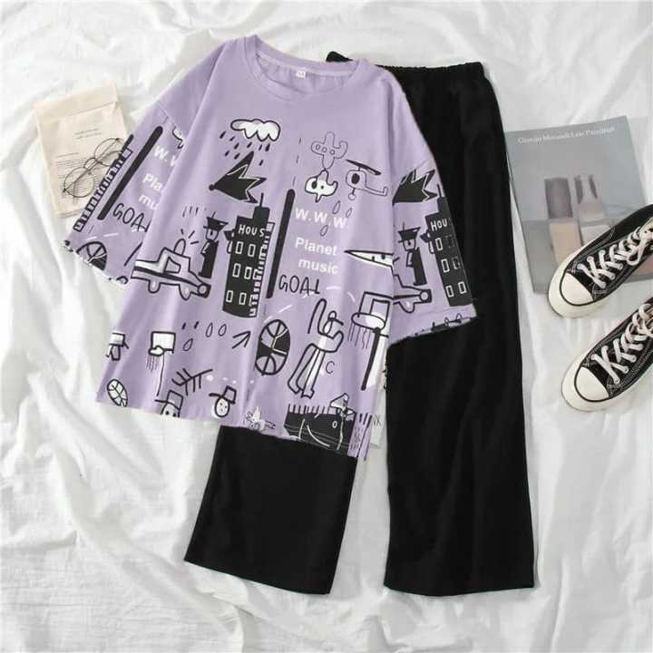 Purple Multi Planets Printed Shirt With Black Pajama
