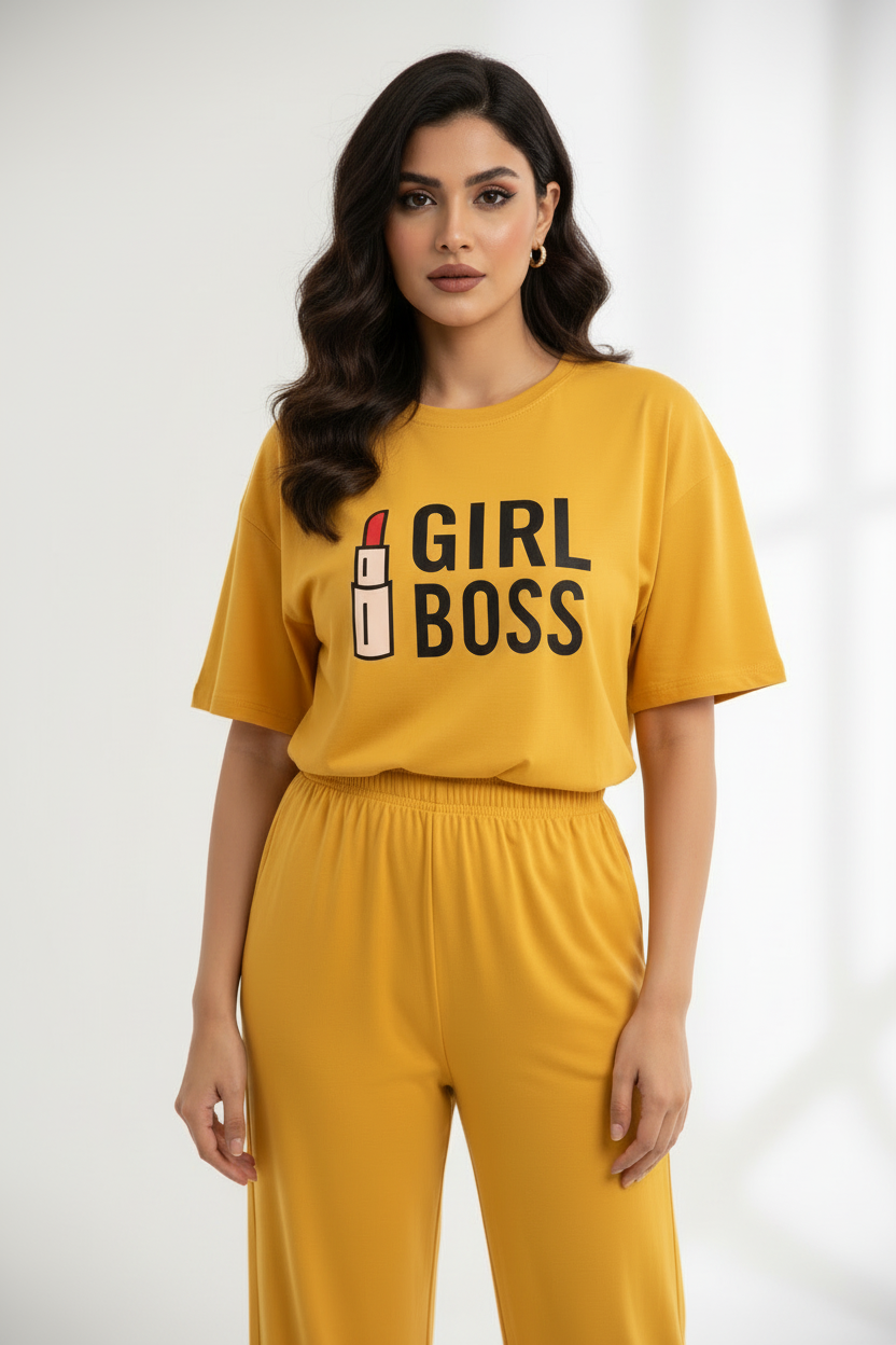 Yellow Girl Boss Printed Flapper Style Night Wear