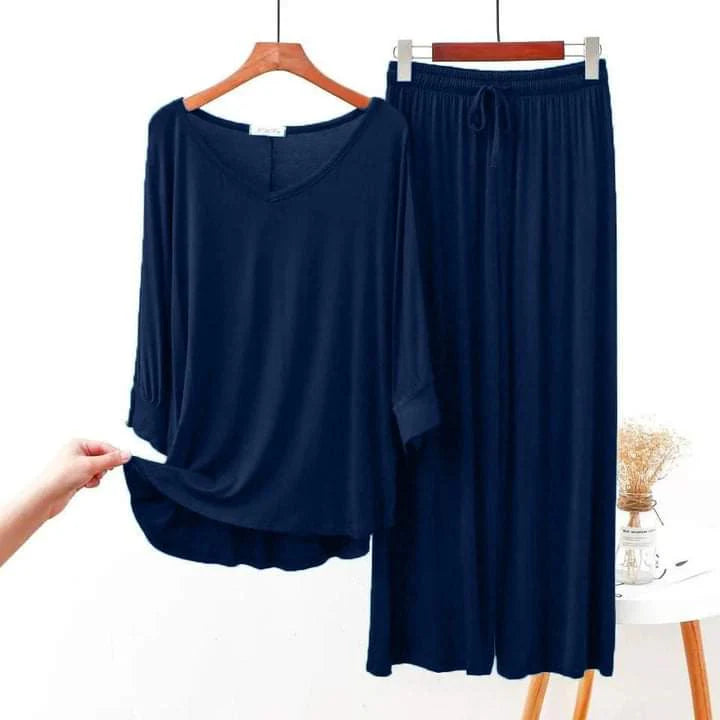 V-Neck Navy Blue Women Night Suit PJ Set
