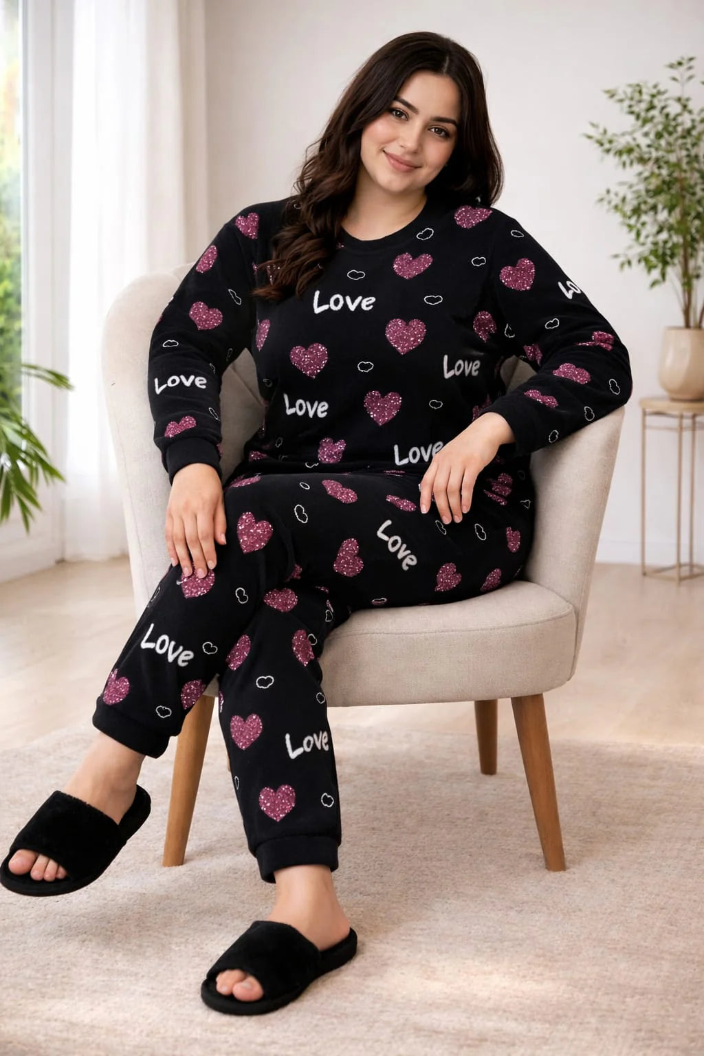 Black & Red Love Heart Printed Night Suit