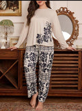 White Leaves Printed Night Suit