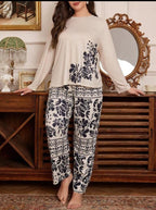 White Leaves Printed Night Suit