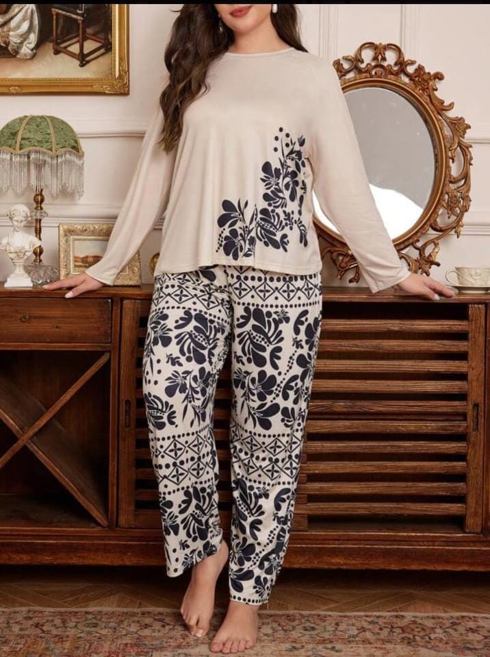 White Leaves Printed Night Suit