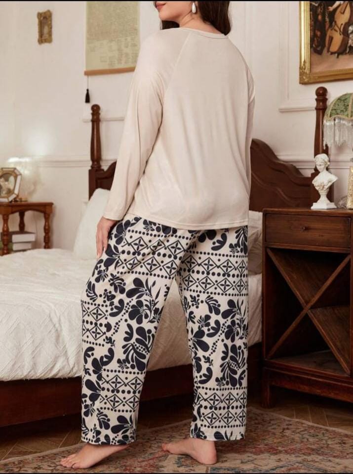 White Leaves Printed Night Suit