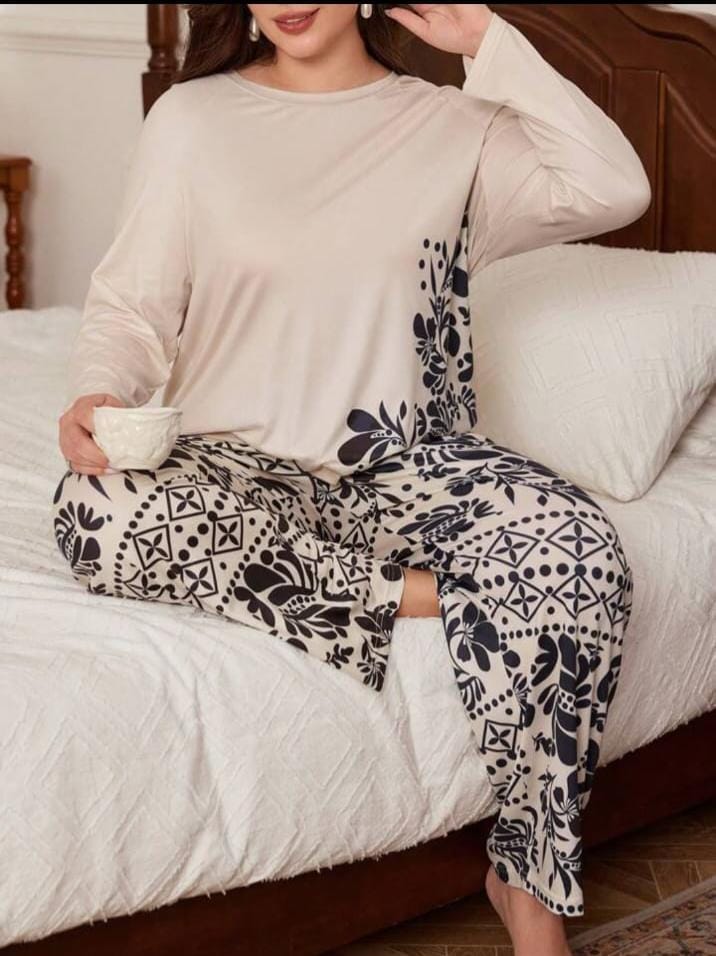 White Leaves Printed Night Suit