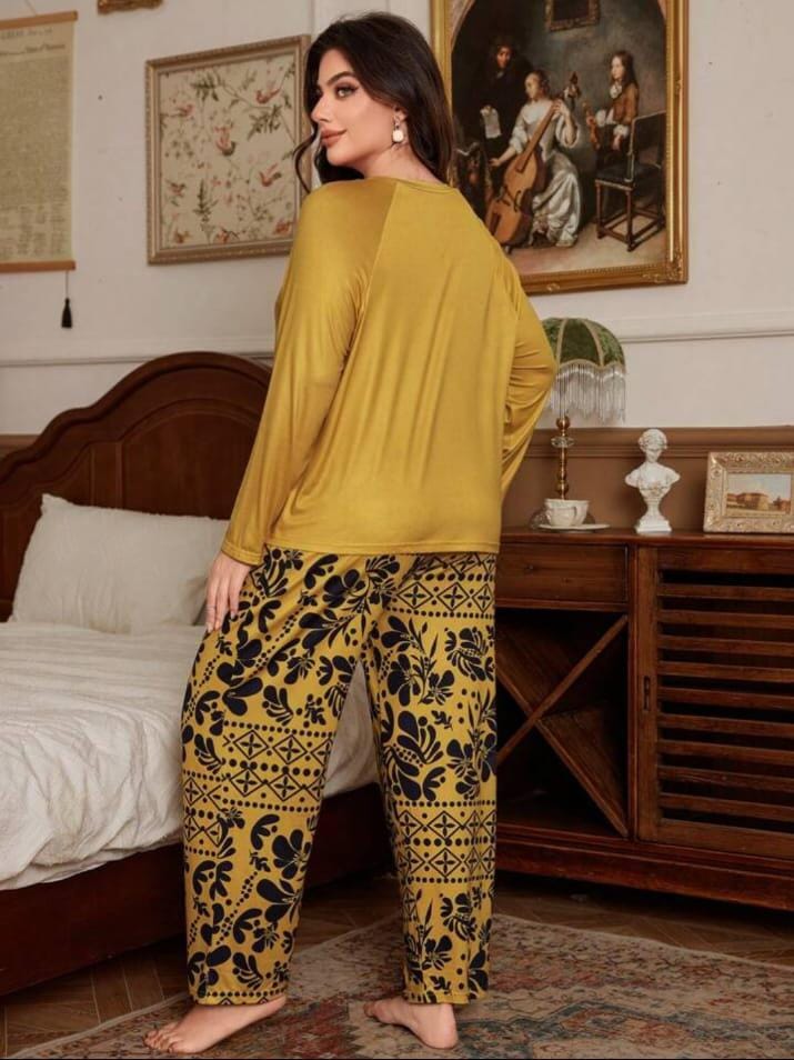 Golden Leaves Printed Night Suit