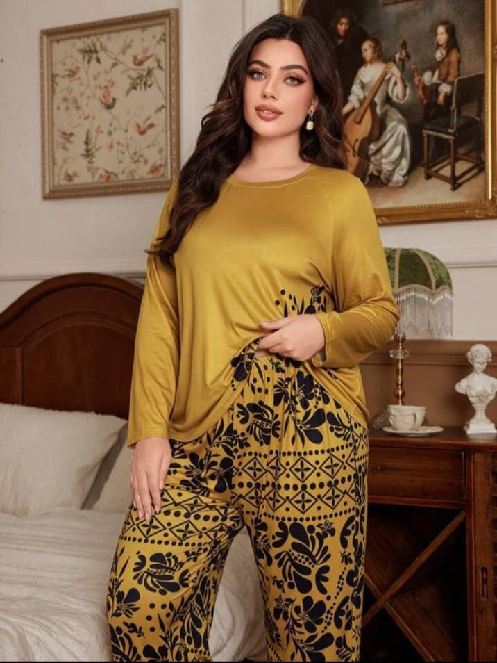 Golden Leaves Printed Night Suit
