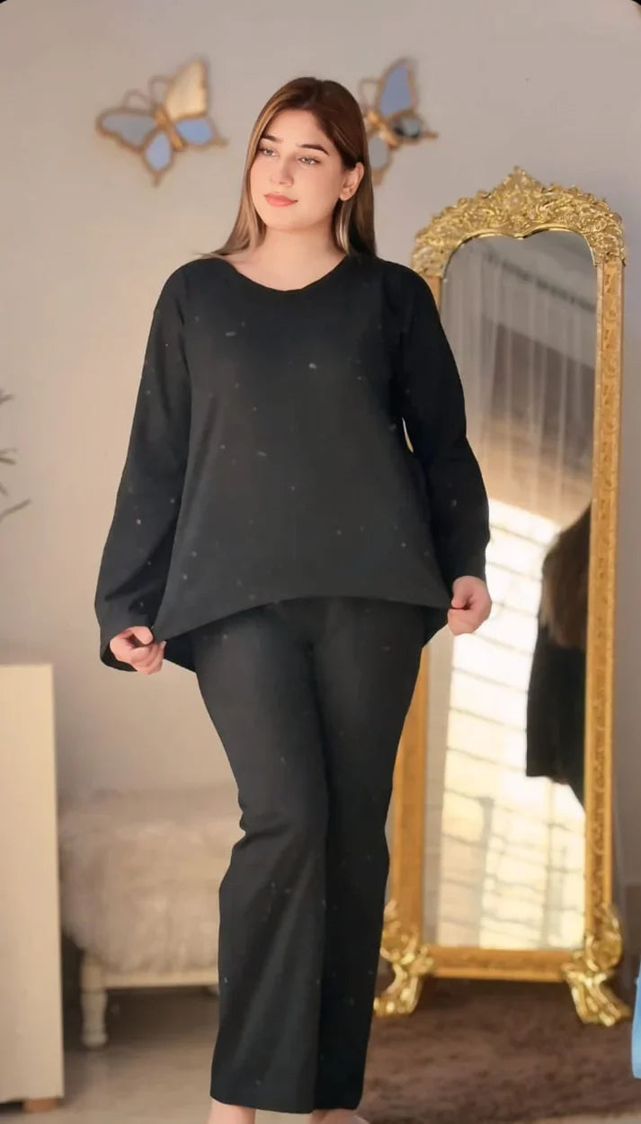 Deep Black Round Neck Plazzo PJ Set