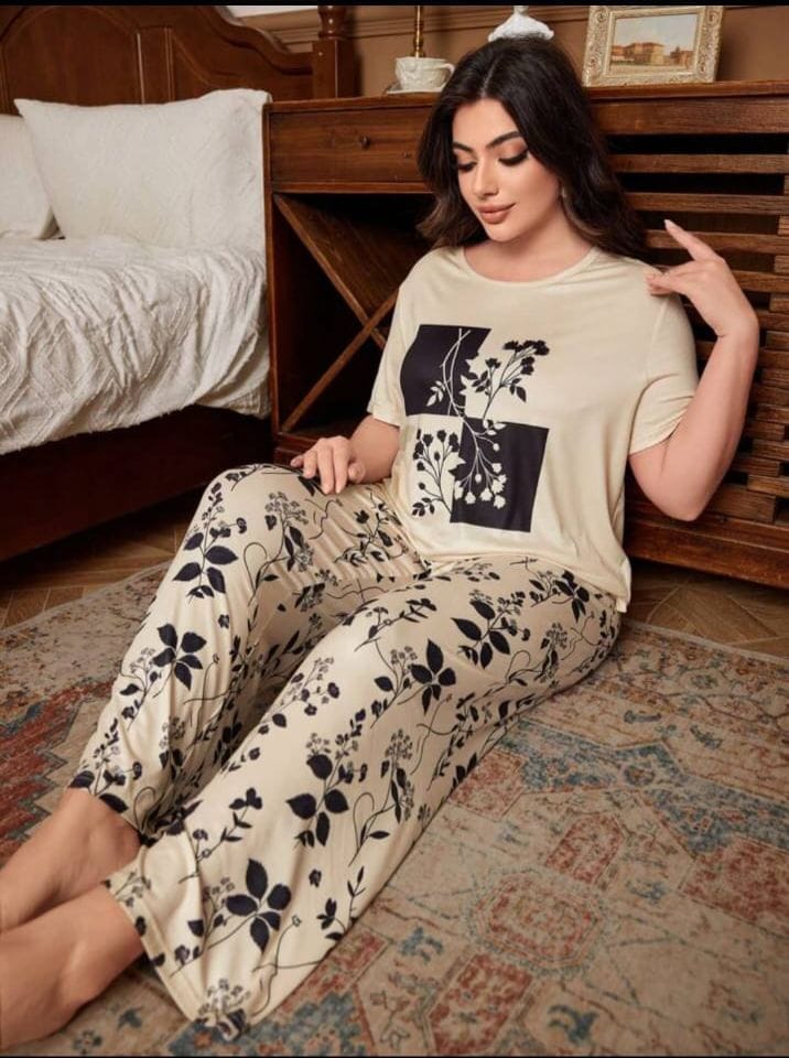 Cream Leaves Printed Night Suit