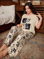 Cream Leaves Printed Night Suit