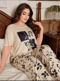Cream Leaves Printed Night Suit