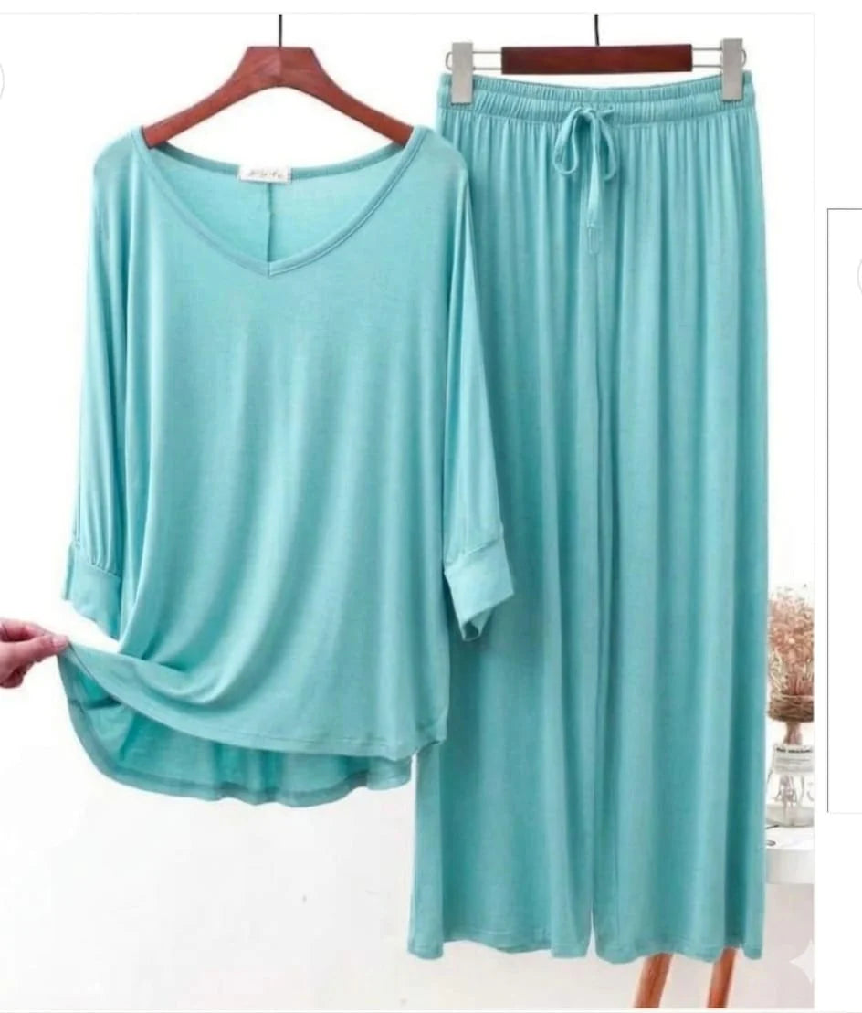Mint Green V-Neck Women Night Suit PJ Set