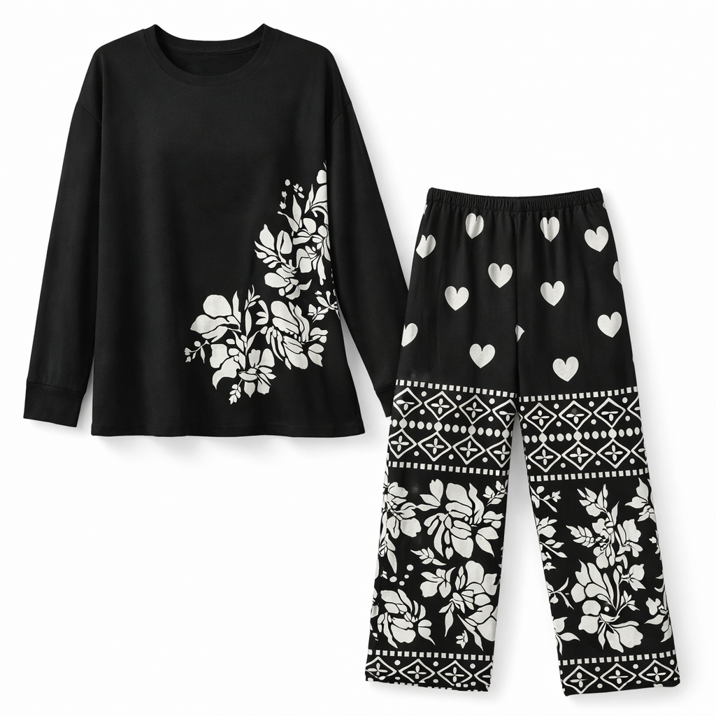 Black Leaves Printed Night Suit