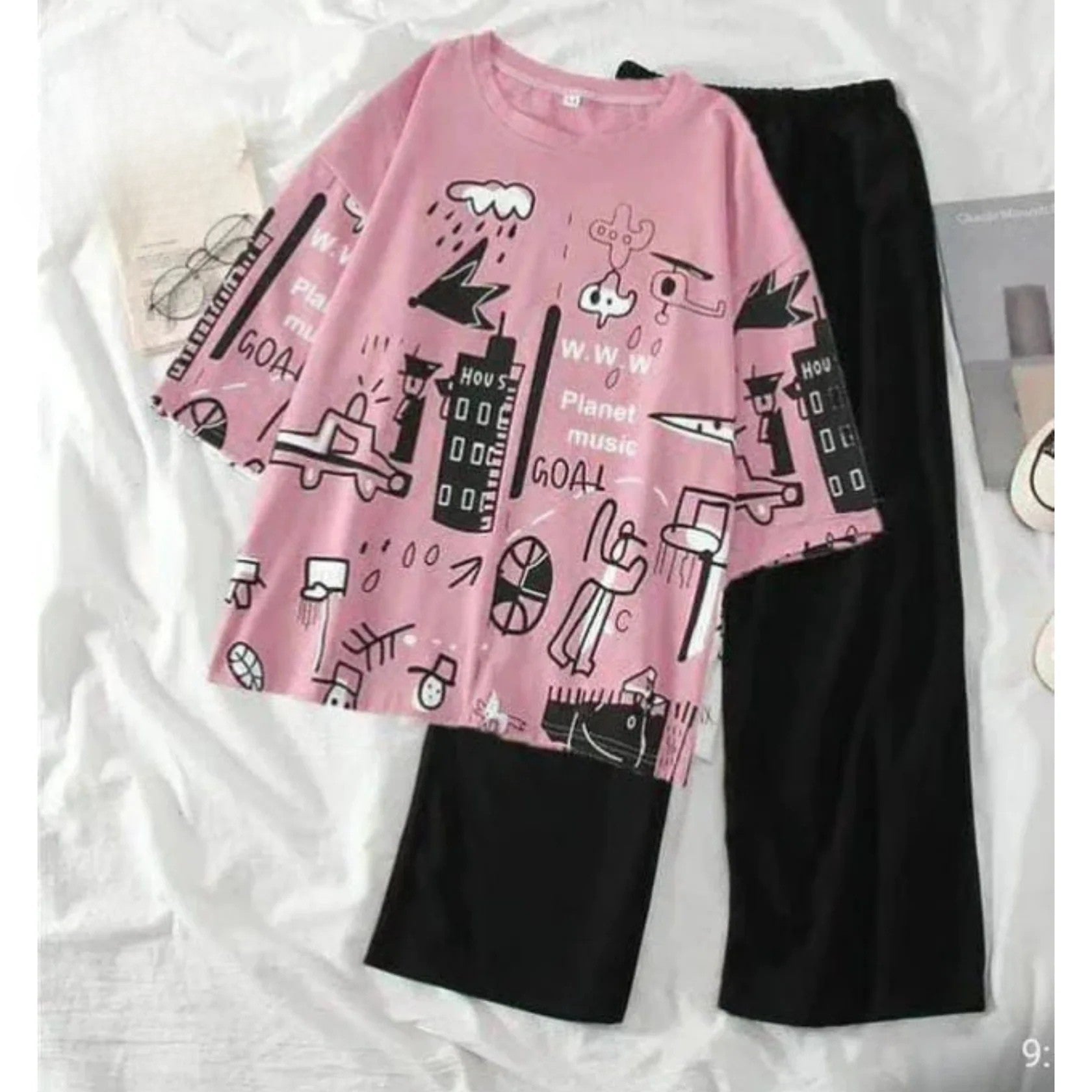 Pink Planet Music With Black Pajama Printed Night Suit