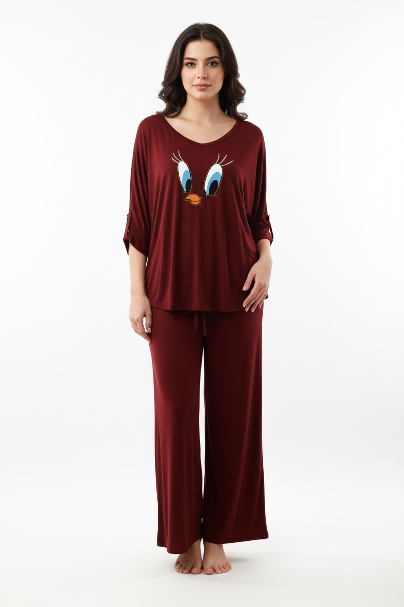 Maroon Daffy Duck V-Neck Women Night Suit PJ Set
