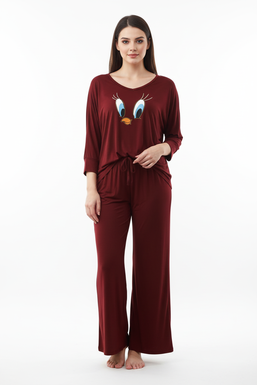 Maroon Daffy Duck V-Neck Women Night Suit PJ Set
