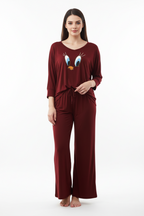 Maroon Daffy Duck V-Neck Women Night Suit PJ Set