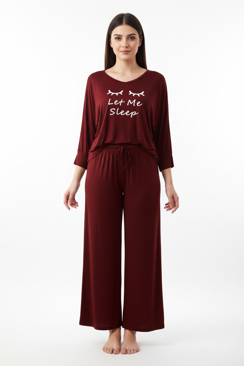 Maroon let me sleep V-Neck Women Night Suit PJ Set