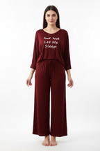 Maroon let me sleep V-Neck Women Night Suit PJ Set