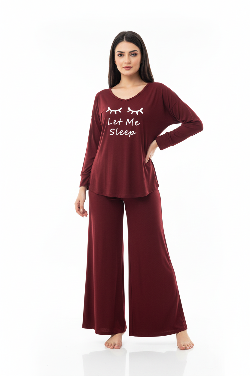 Maroon let me sleep V-Neck Women Night Suit PJ Set