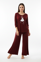 Maroon K-Pop Heart V-Neck Women Night Suit PJ Set