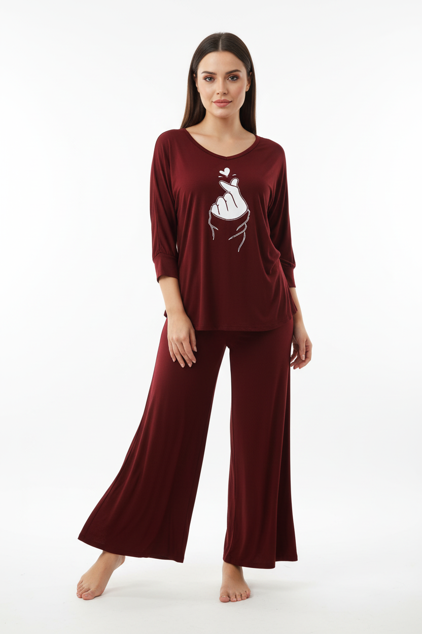 Maroon K-Pop Heart V-Neck Women Night Suit PJ Set