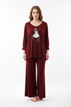 Maroon K-Pop Heart V-Neck Women Night Suit PJ Set