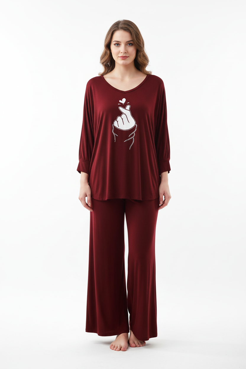 Maroon K-Pop Heart V-Neck Women Night Suit PJ Set
