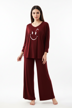Maroon Smiley Face V-Neck Women Night Suit PJ Set