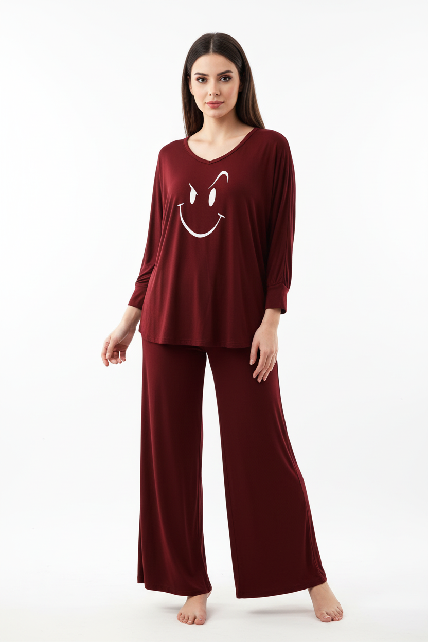 Maroon Smiley Face V-Neck Women Night Suit PJ Set