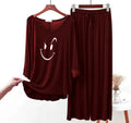 Maroon Smiley Face V-Neck Women Night Suit PJ Set