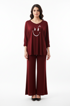 Maroon Smiley Face V-Neck Women Night Suit PJ Set