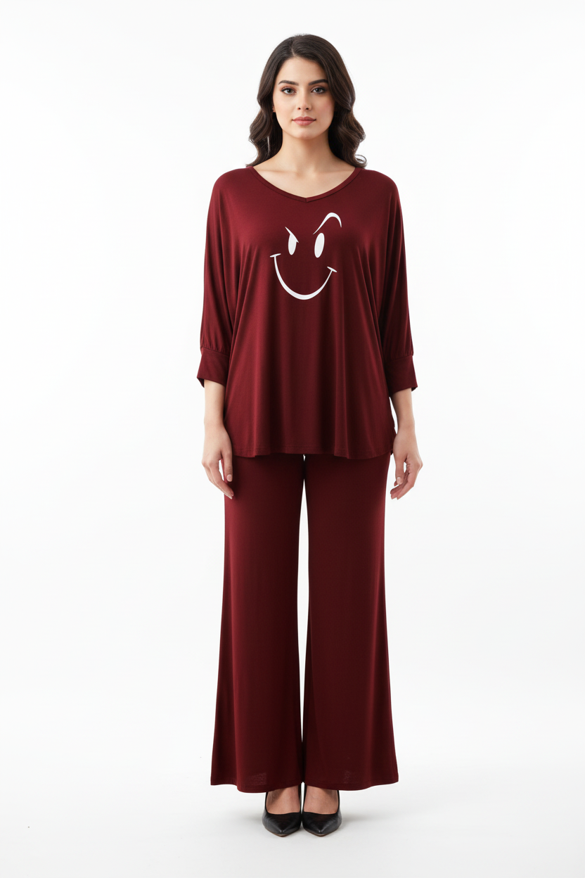 Maroon Smiley Face V-Neck Women Night Suit PJ Set